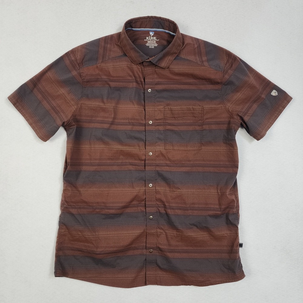 Kuhl Shirt Mens Medium Rust Brown Gray Striped Snap Front Pocket Short Sleeve